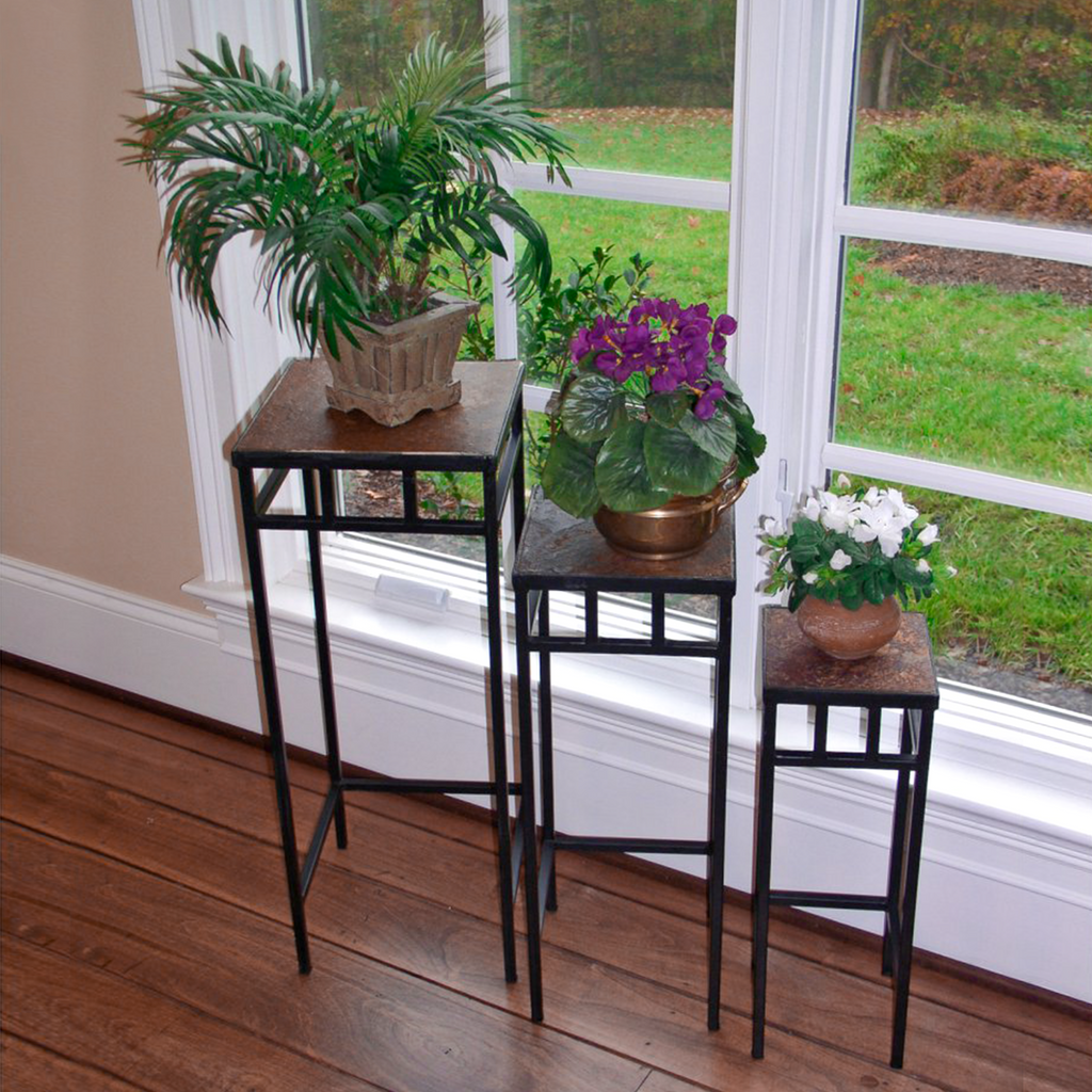 Set of 3 Slate Top Plant Stands, Fully Assembled, 19.5-27.5 Inch Tall
