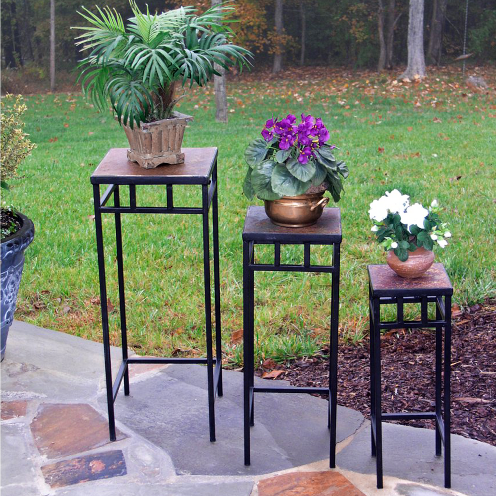 Set of 3 Slate Top Plant Stands, Fully Assembled, 19.5-27.5 Inch Tall
