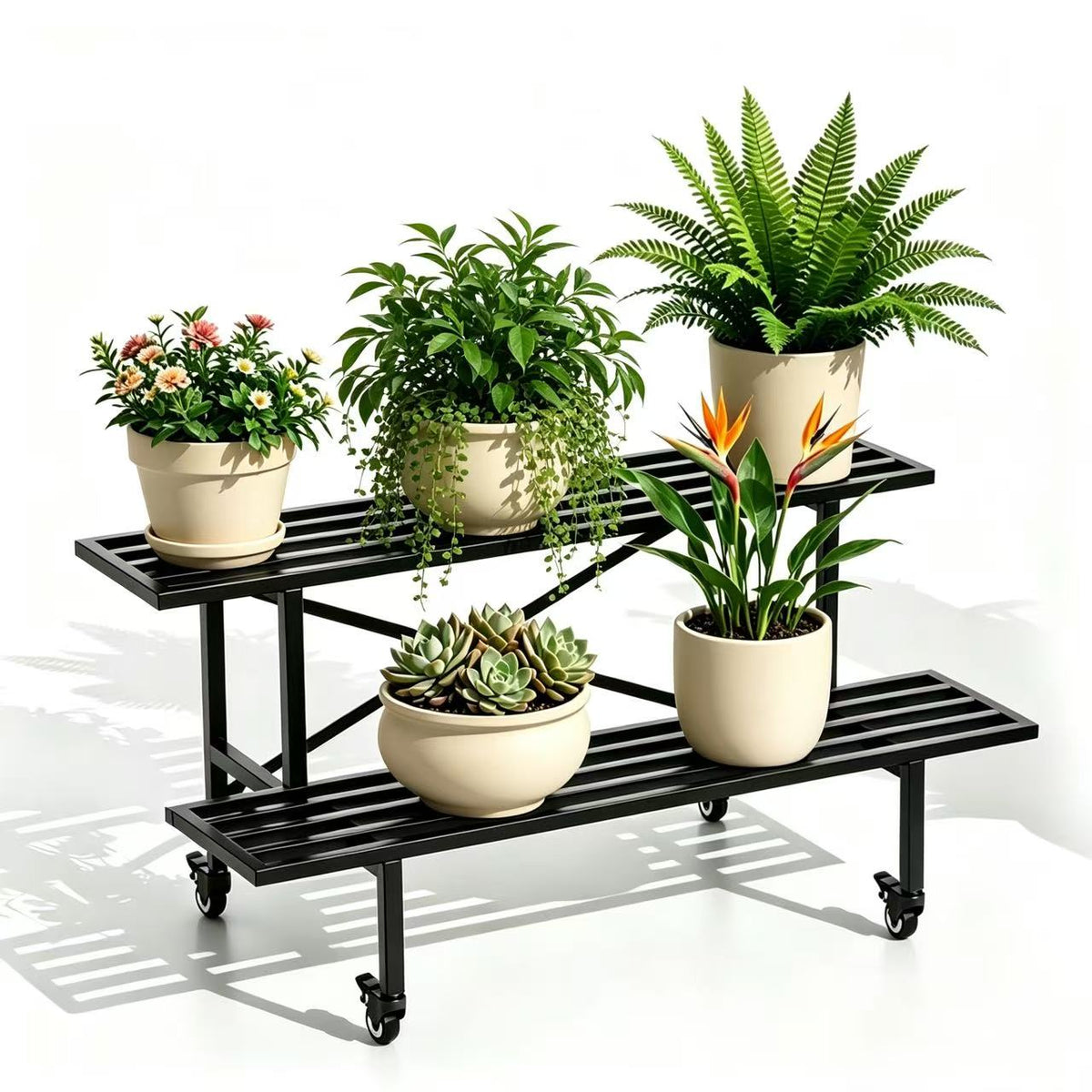 Zhongma 2-Tier Metal Plant Stand with Wheels, 35.4" Indoor & Outdoor Shelf