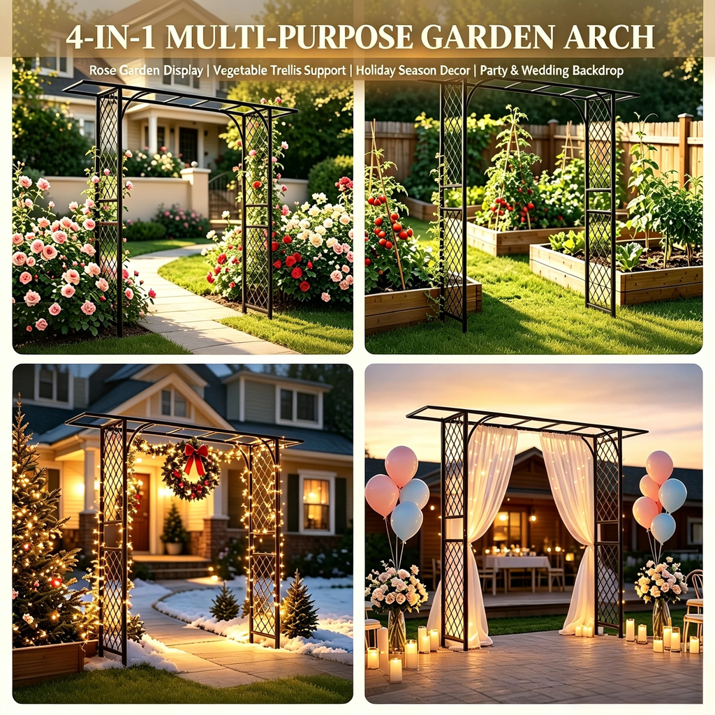Metal Garden Arch for Climbing Plants,90.5-Inch Tall with Ground Stakes - Zhongma