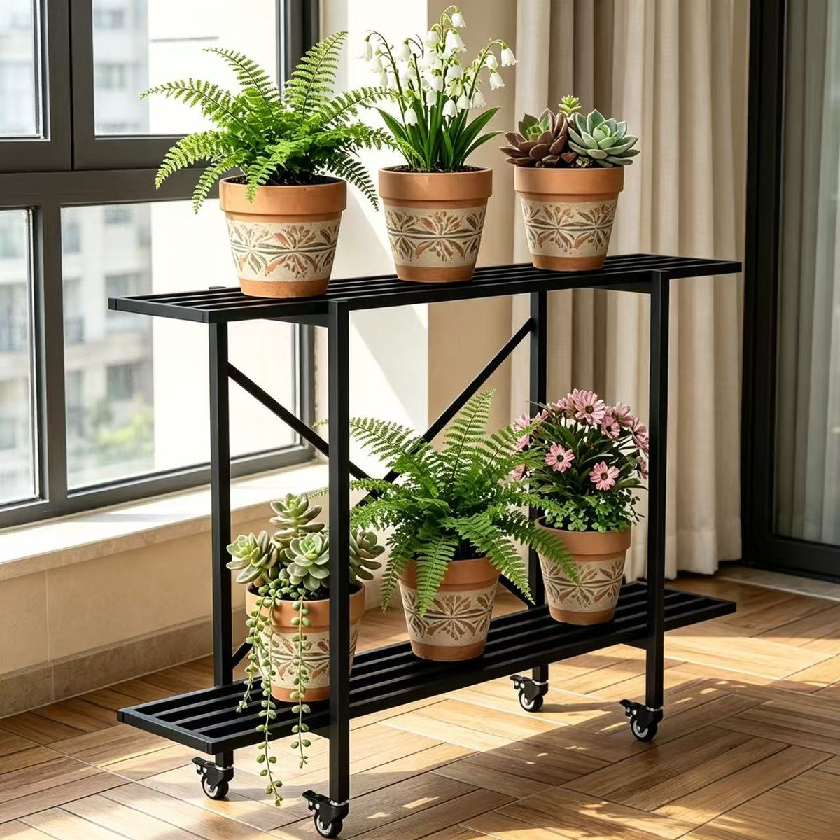 Zhongma 2-Tier Window Height Metal Plant Stand with Wheels, 35.4" Narrow
