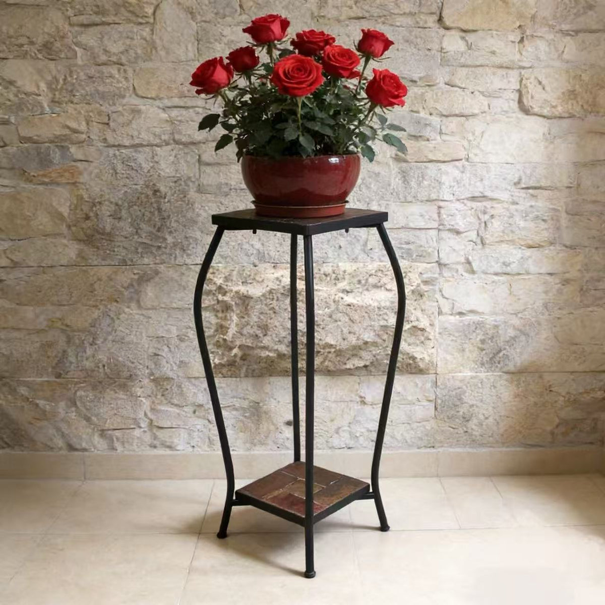 Zhongma 2-Tier 30" Tall Plant Stand with Colorful Slate Top, Indoor & Outdoor