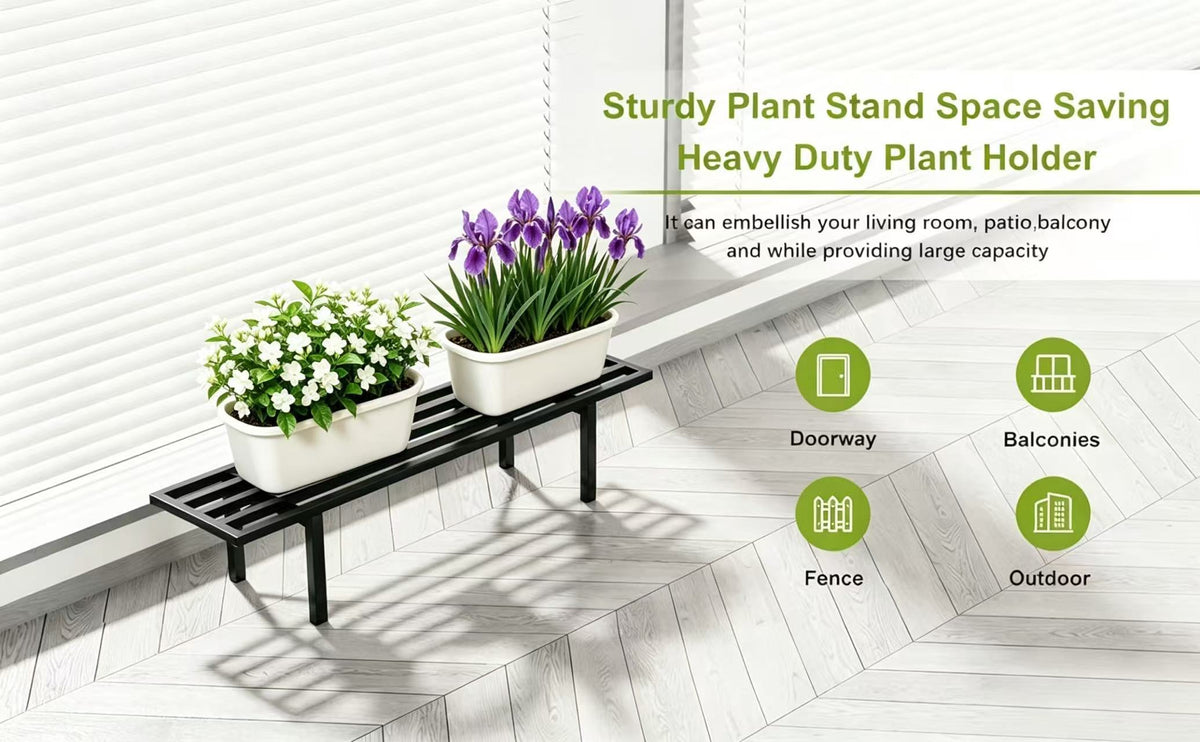 Low-Profile Metal Plant Stand,35.4Inch Long Plant Shelf, Indoor & Outdoor - Zhongma