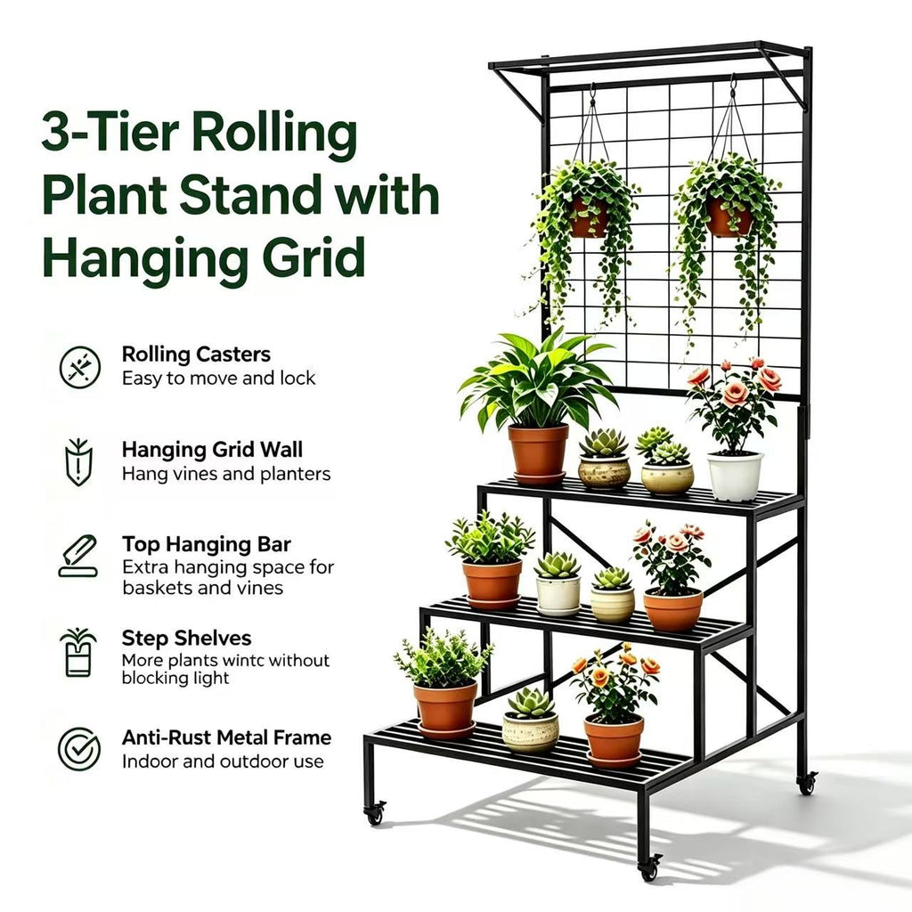 3-Tier Stepped Plant Stand with Trellis & Wheels, 80.7" Tall, 660 lbs, Indoor & Outdoor