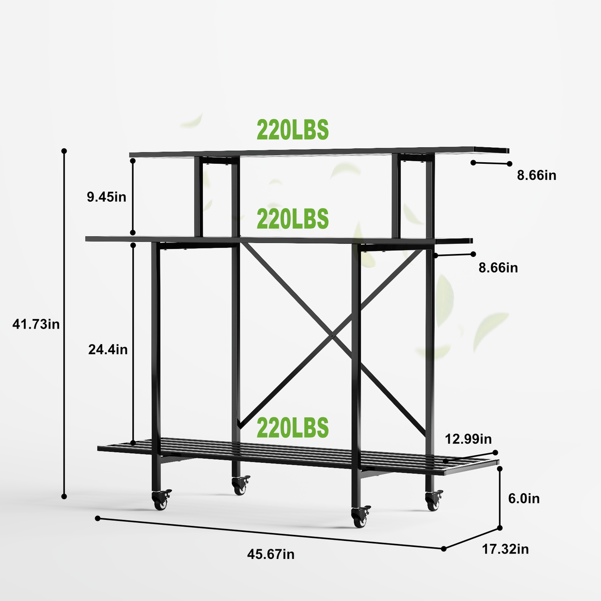 3-Tier Tall Narrow Metal Plant Stand with Wheels, 40.8", 35.43" x 17.32", 660 lbs