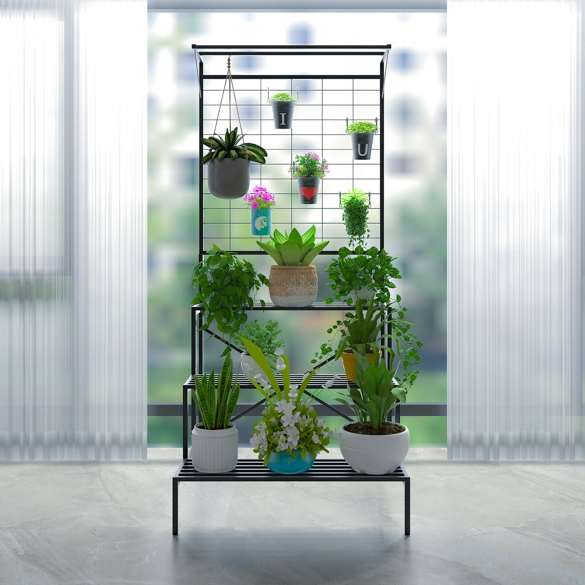 Zhongma 3-Tier Metal Plant Stand with Hanging Shelf, 78.8" Indoor & Outdoor