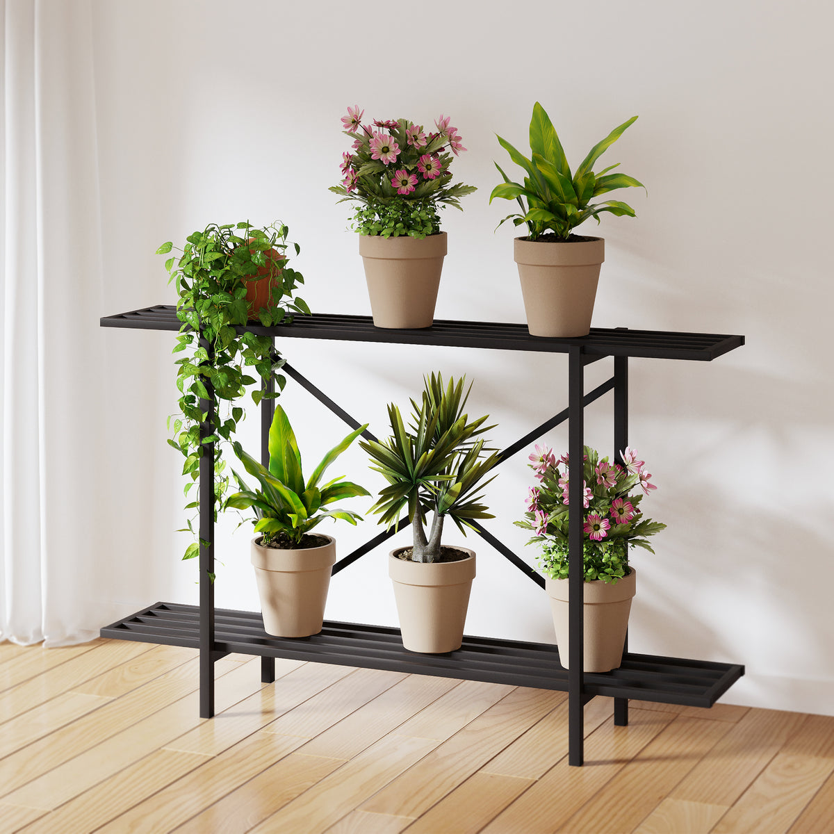 Zhongma 2-Tier Window Height Metal Plant Stand, 45.7" Narrow Indoor & Outdoor
