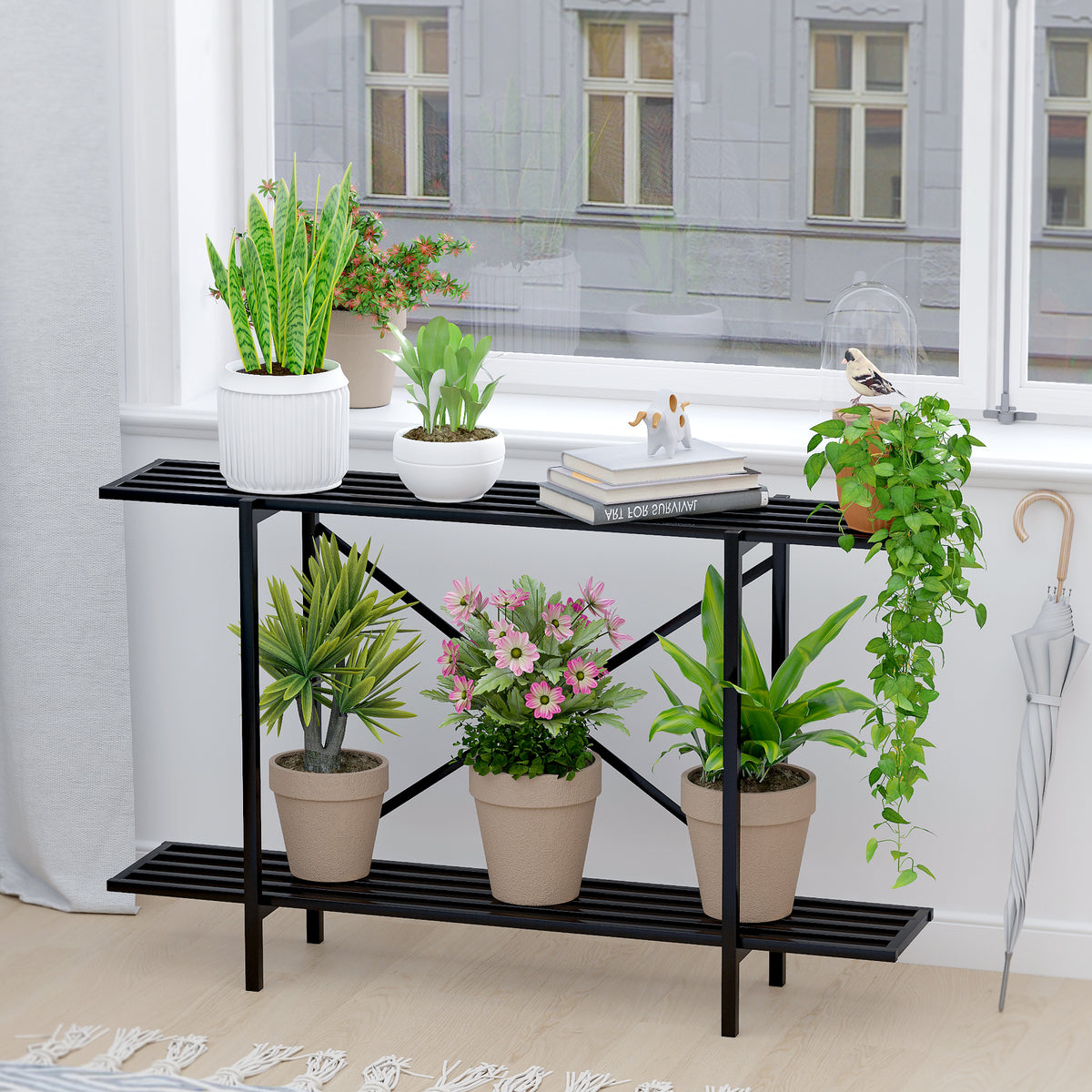 Zhongma 2-Tier Window Height Metal Plant Stand, 45.7" Narrow Indoor & Outdoor