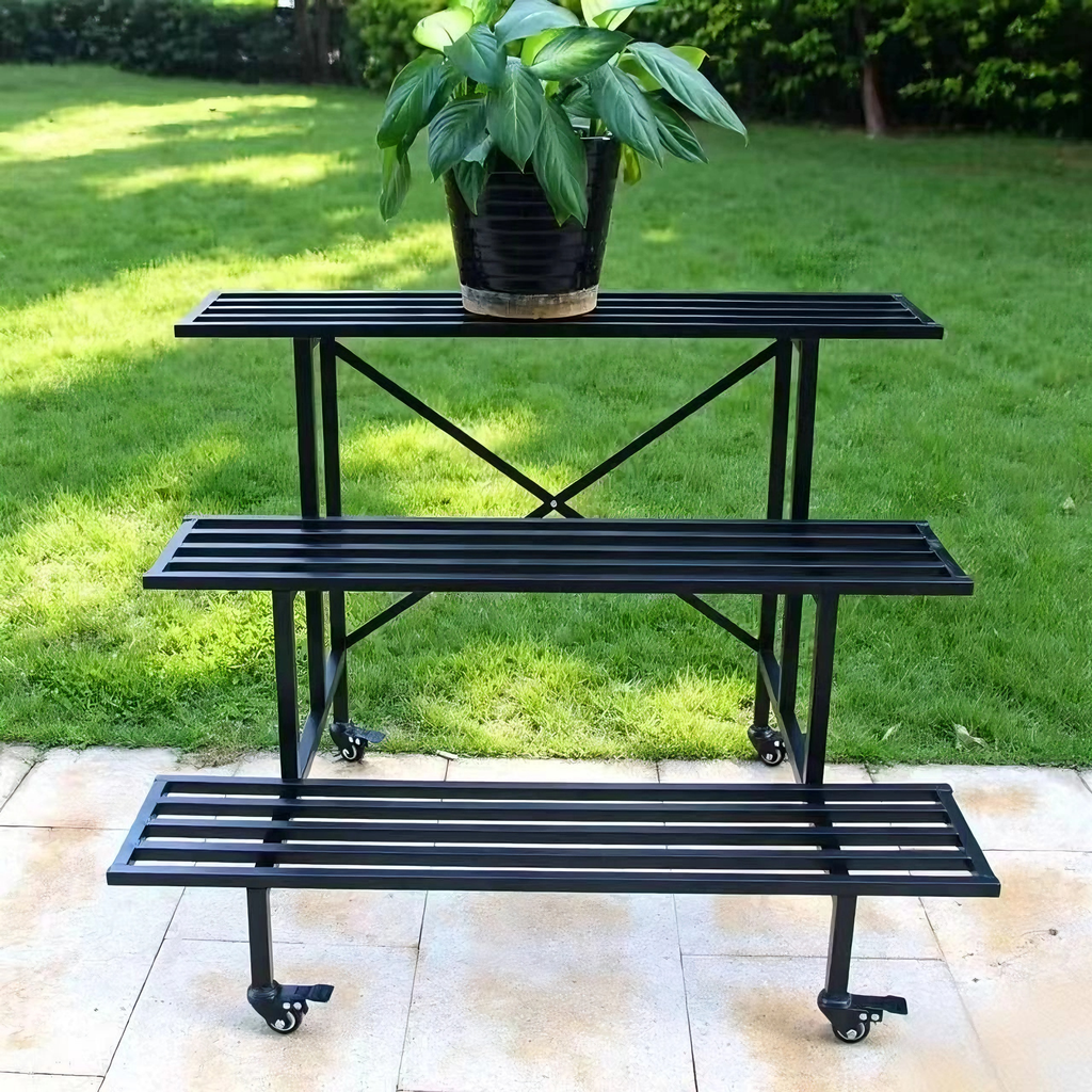 3-Tier Metal Plant Stand with Wheels, 35.4-Inch Long, Indoor & Covered Outdoor - Zhongma