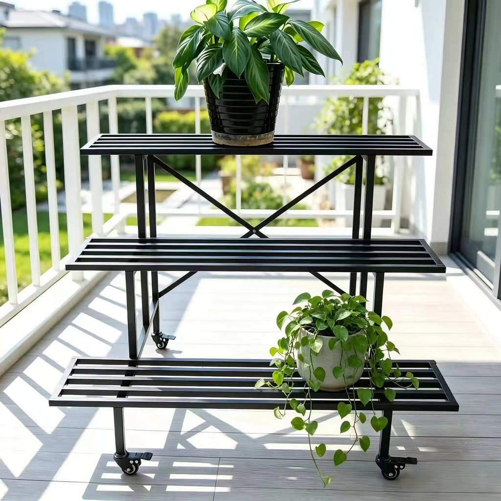 3-Tier Metal Plant Stand with Wheels, 35.4-Inch Long, Indoor & Covered Outdoor - Zhongma