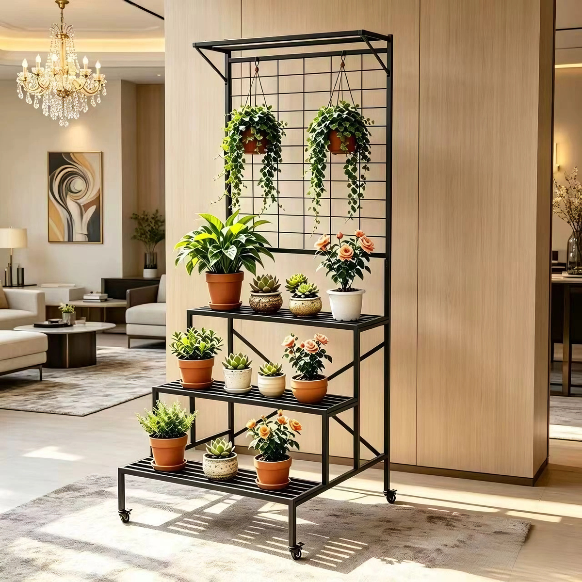 Zhongma 3-Tier Heavy Duty Plant Stand with Wheels & Hanging Shelf, 80.7" Indoor & Outdoor