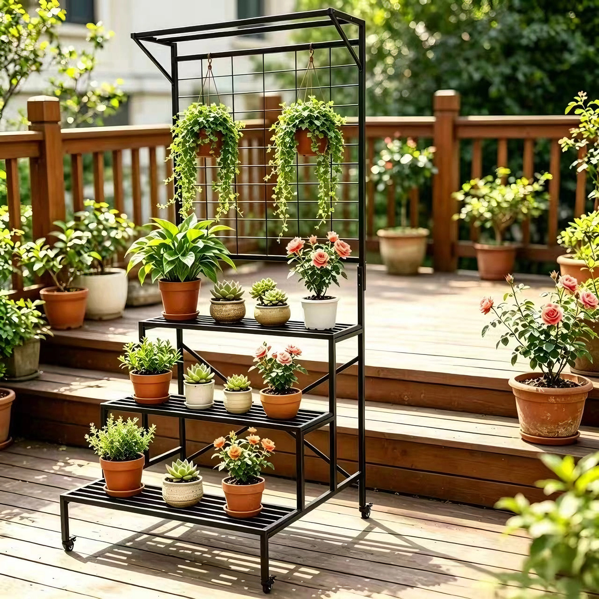 Zhongma 3-Tier Heavy Duty Plant Stand with Wheels & Hanging Shelf, 80.7" Indoor & Outdoor