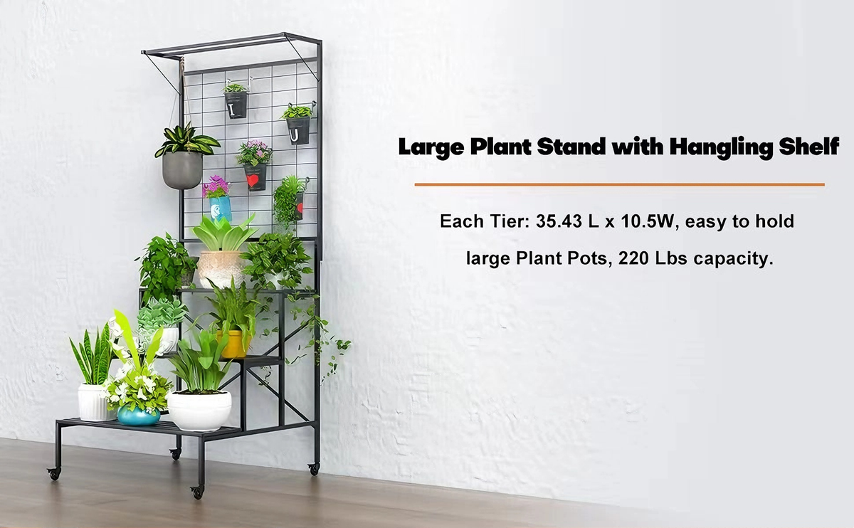 Zhongma 3-Tier Heavy Duty Plant Stand with Wheels & Hanging Shelf, 80.7" Indoor & Outdoor