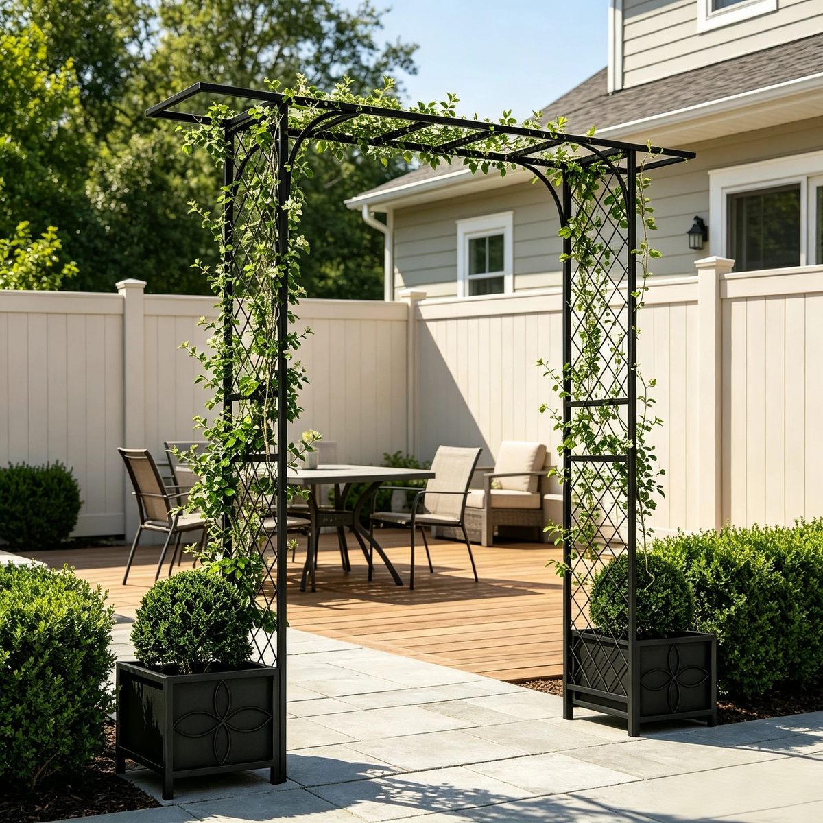 Metal Garden Arbor with 2 Planters,90.5-Inch Wide,83.5-Inch Tall