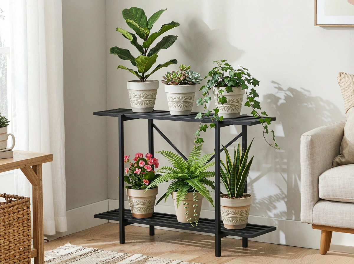 Narrow Plant Stand, 27.5" 2-Tier Metal Plant Shelf for Indoor & Outdoor Use, Only 10.3" Deep, X-Braced Steel