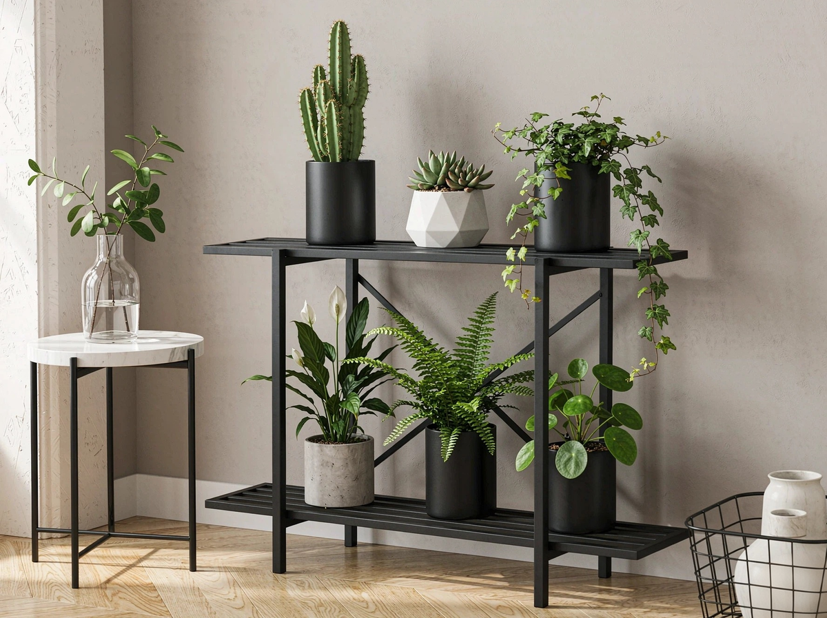 Narrow Plant Stand, 27.5" 2-Tier Metal Plant Shelf for Indoor & Outdoor Use, Only 10.3" Deep, X-Braced Steel