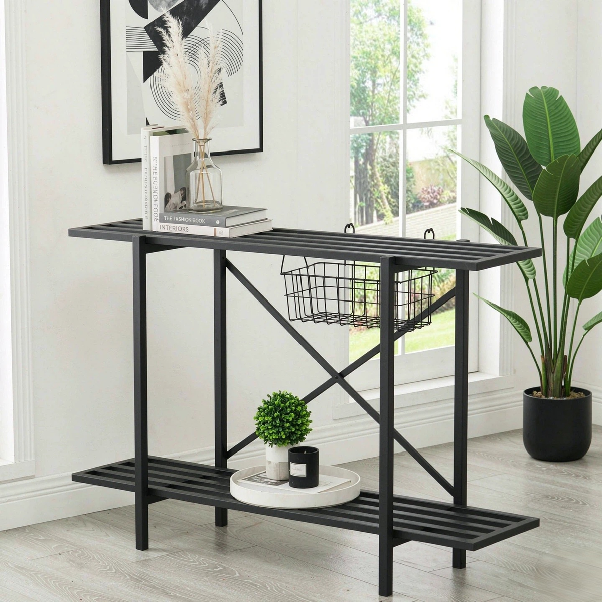 Narrow Plant Stand, 27.5" 2-Tier Metal Plant Shelf for Indoor & Outdoor Use, Only 10.3" Deep, X-Braced Steel