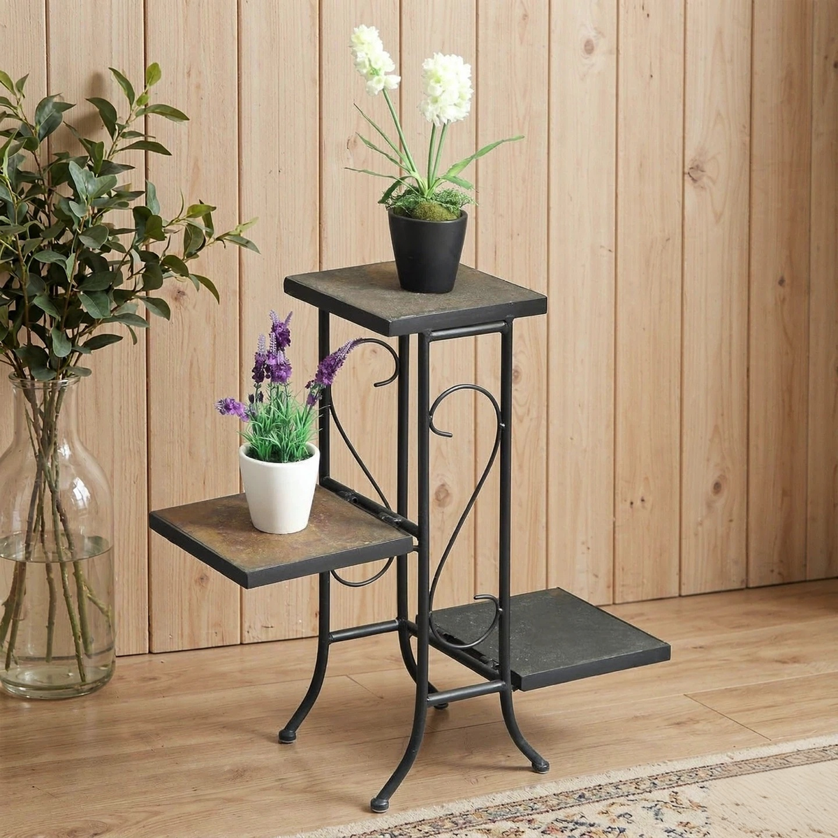 3-Tier Slate Top Plant Stand, Fold-Up Side Shelves, Fully Assembled, 25.6" W
