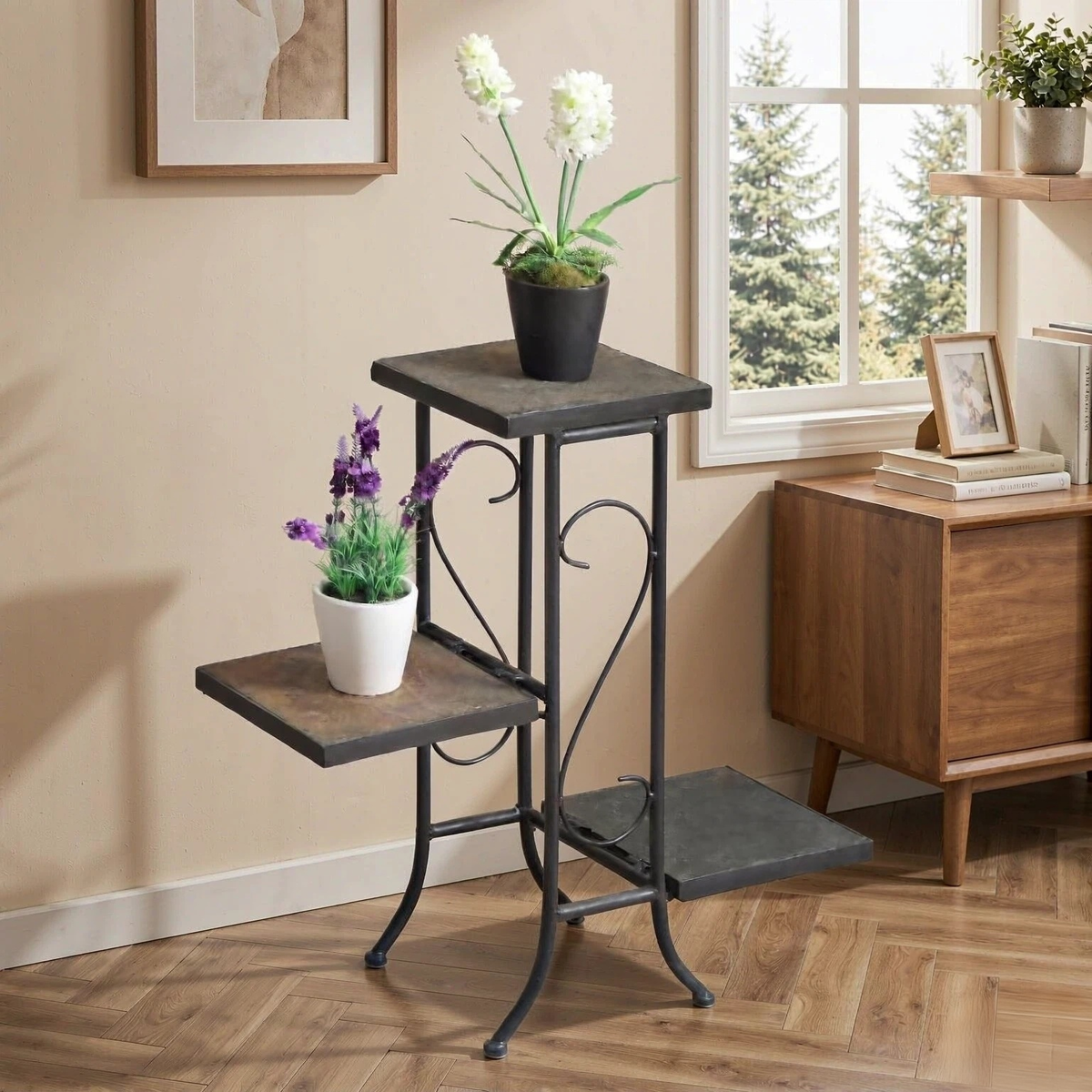 3-Tier Slate Top Plant Stand, Fold-Up Side Shelves, Fully Assembled, 25.6" W