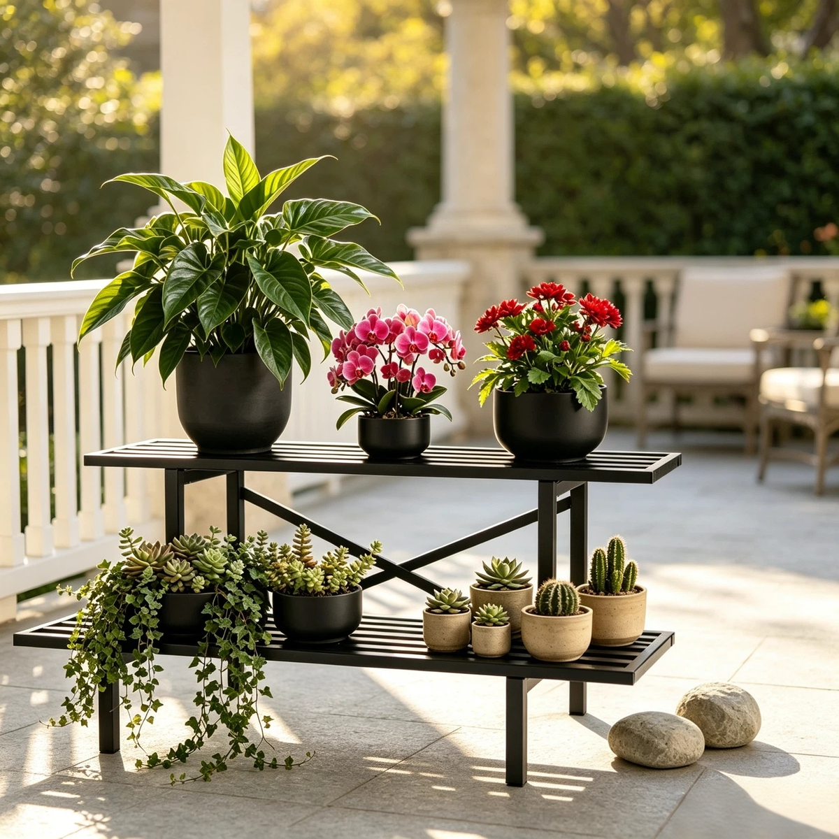 Low Stepped Plant Stand, 14" Tall 2-Tier Metal Plant Shelf, 440 lbs, Indoor & Outdoor