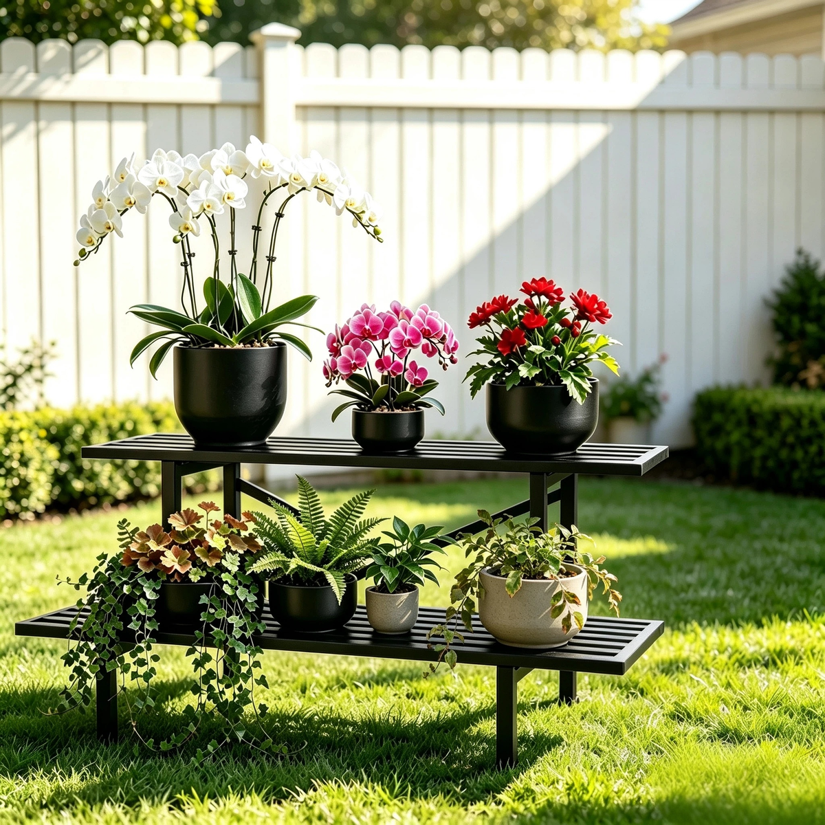 Low Stepped Plant Stand, 14" Tall 2-Tier Metal Plant Shelf, 440 lbs, Indoor & Outdoor
