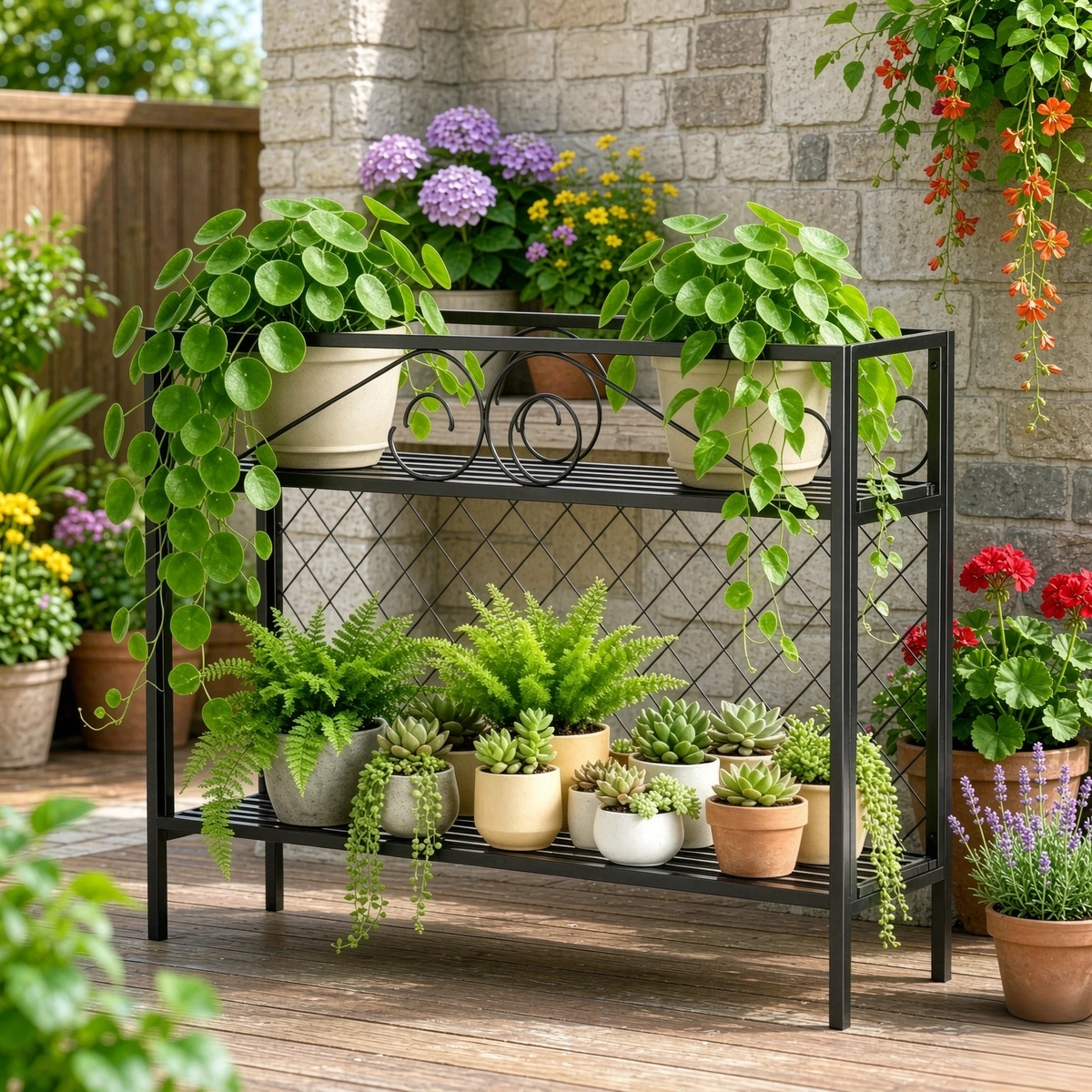 Metal Plant Stand & Room Divider – 47" 2-Tier Freestanding Plant Screen, Indoor & Outdoor