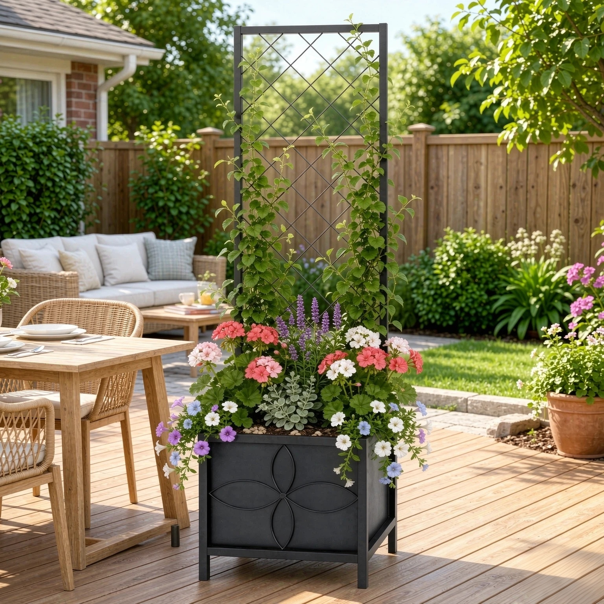 Square Raised Planter Box with Trellis, 55-Inch Tall for Climbing Plants