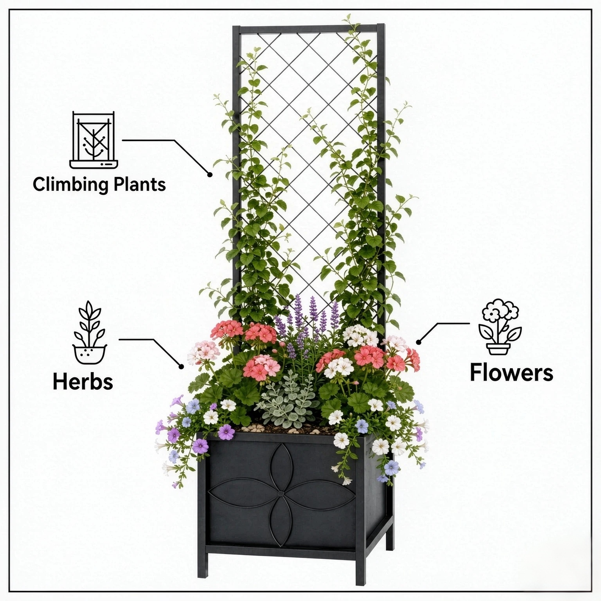 Square Raised Planter Box with Trellis, 55-Inch Tall for Climbing Plants