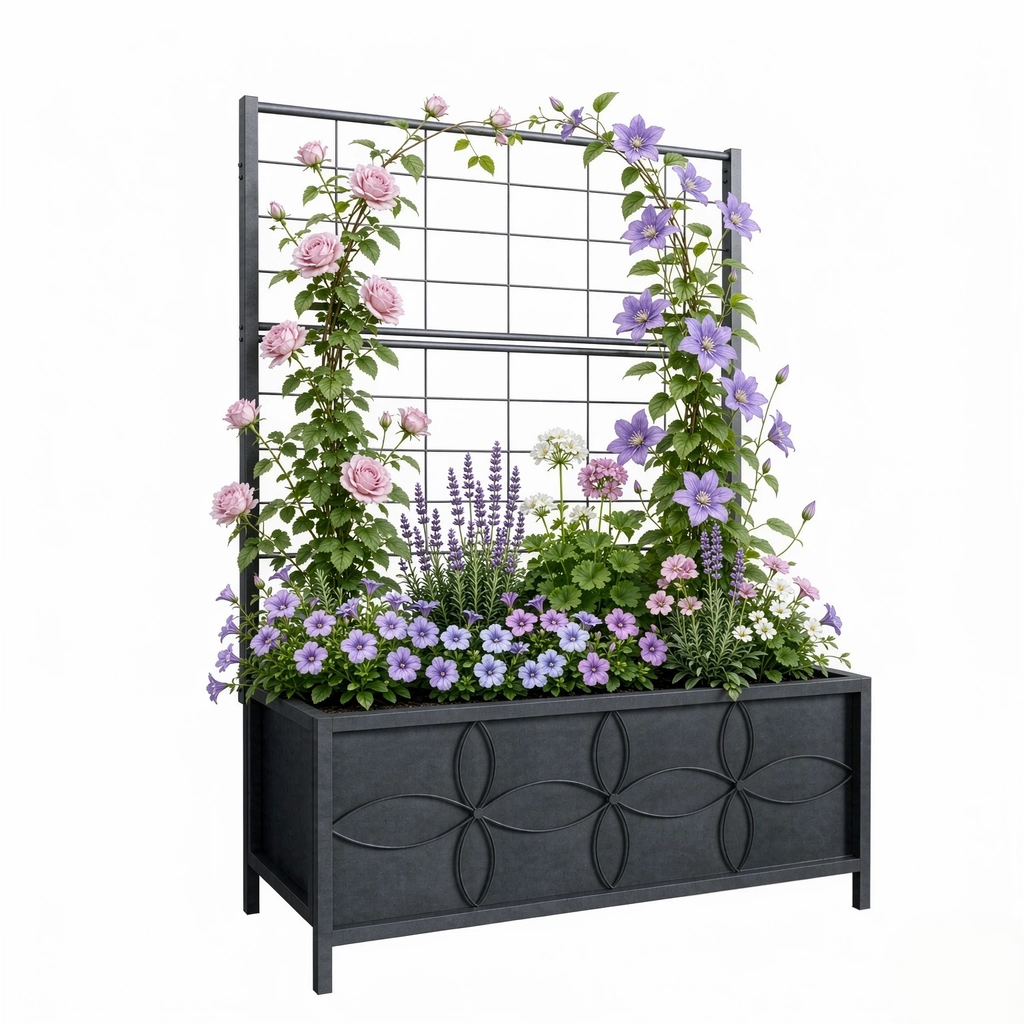 Rectangular Planter Box with Trellis, 50-Inch Tall for Climbing Plants