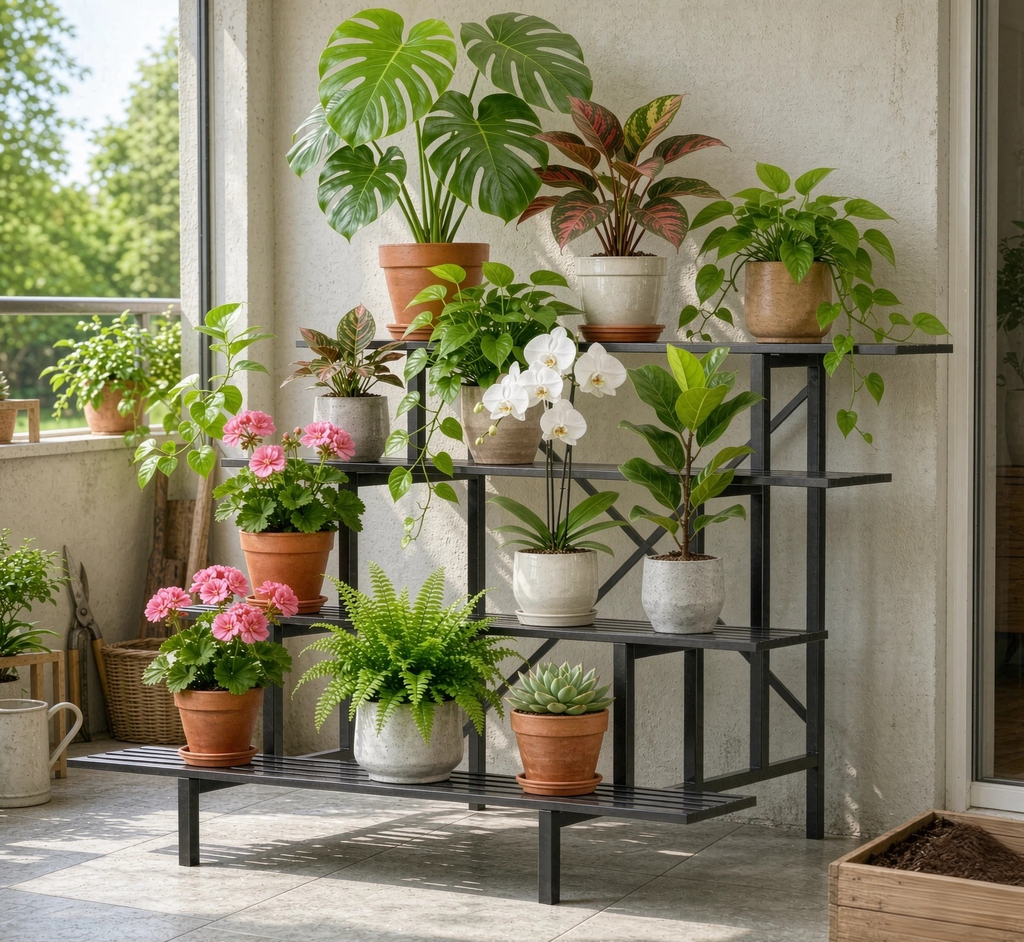 4-Tier Stepped Plant Stand, 45.7" Long, X-Braced Frame, 880 lbs, Indoor & Outdoor
