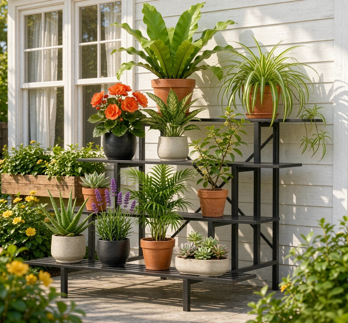 4-Tier Stepped Plant Stand, 45.7" Long, X-Braced Frame, 880 lbs, Indoor & Outdoor