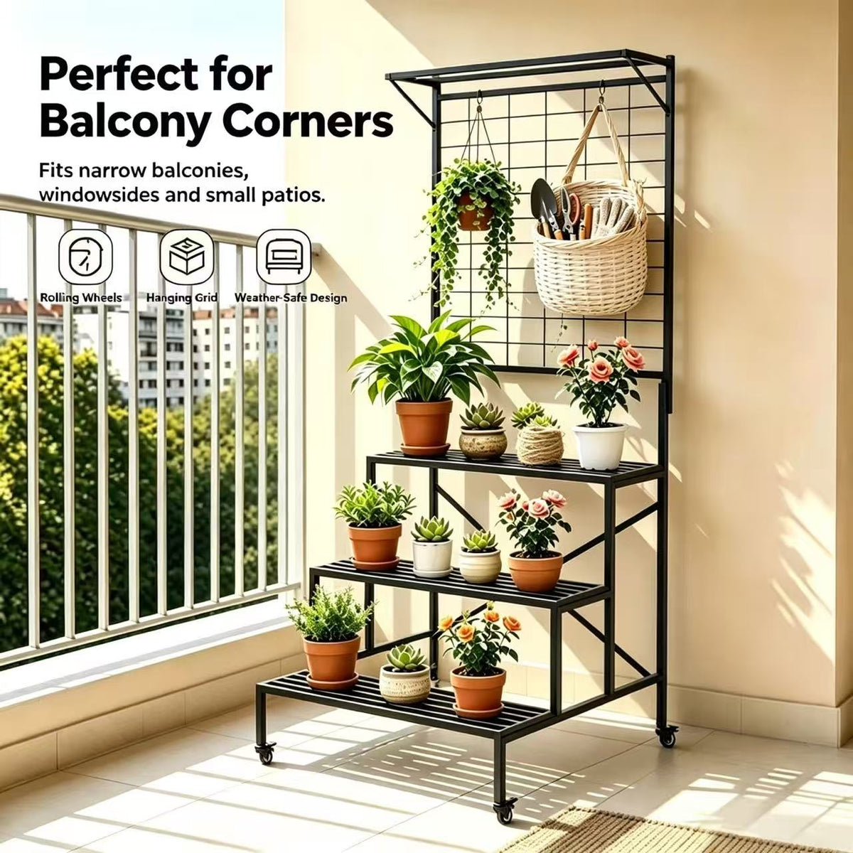 3-Tier Stepped Plant Stand with Trellis & Wheels, 80.7" Tall, 660 lbs, Indoor & Outdoor