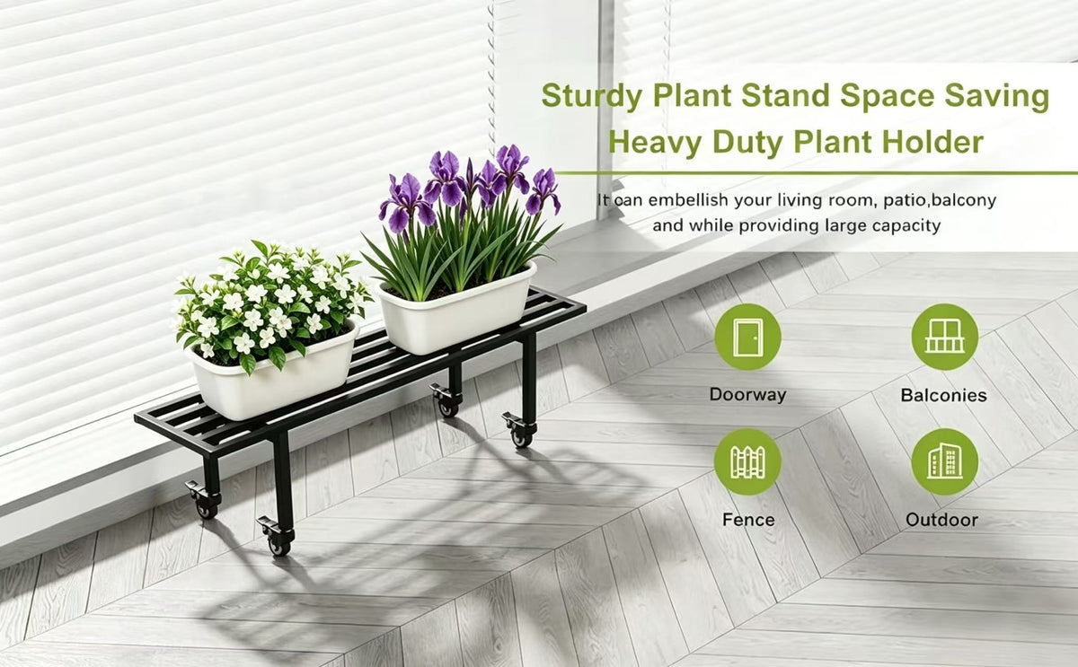Low-Profile Metal Plant Stand with Wheels, 35.4 Inch Long, Indoor & Covered Outdoor - Zhongma