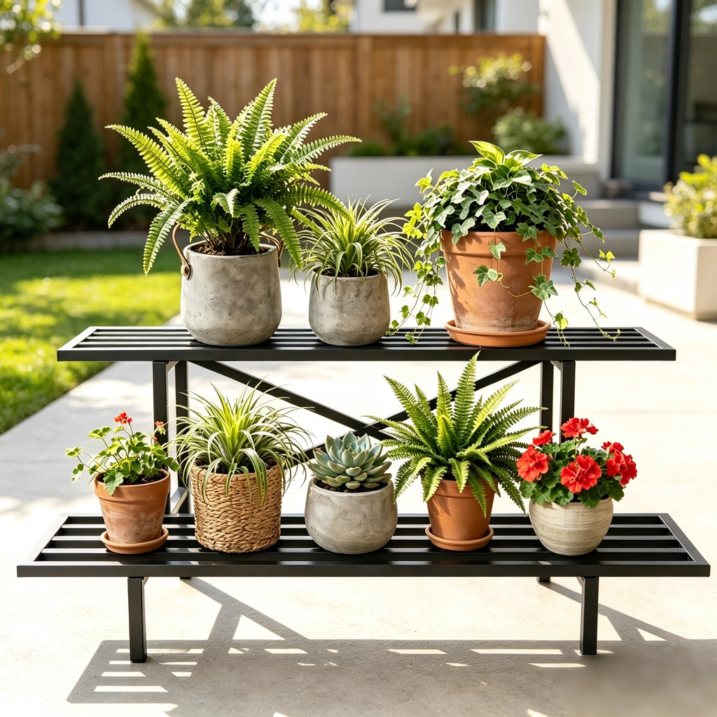 Low Stepped Plant Stand, 14" Tall 2-Tier Metal Plant Shelf, 440 lbs, Indoor & Outdoor