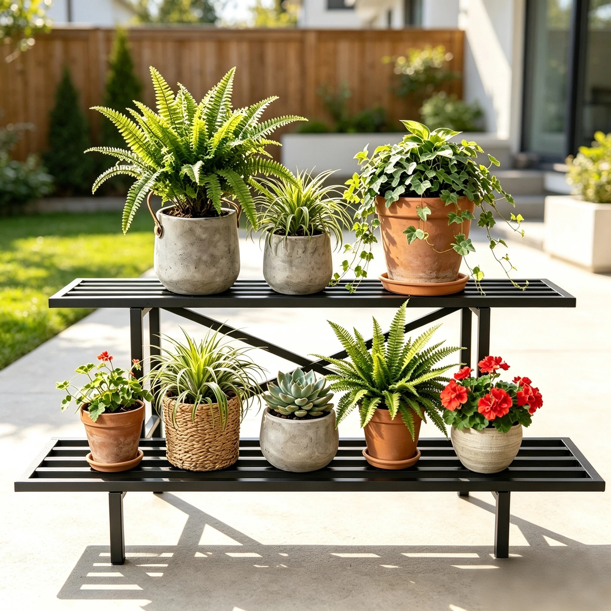 Low Stepped Plant Stand, 14" Tall 2-Tier Metal Plant Shelf, 440 lbs, Indoor & Outdoor