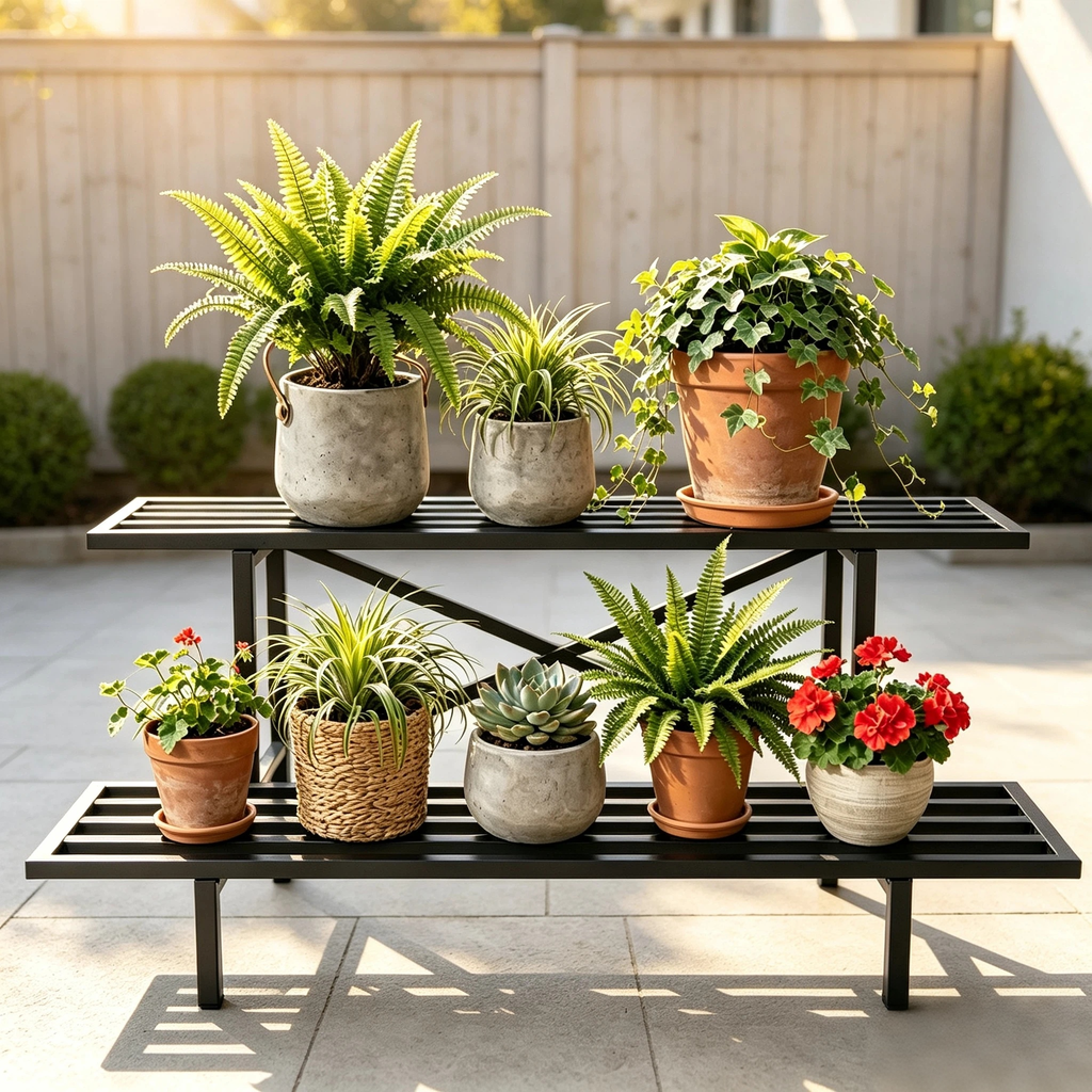 Low Stepped Plant Stand, 14" Tall 2-Tier Metal Plant Shelf, 440 lbs, Indoor & Outdoor
