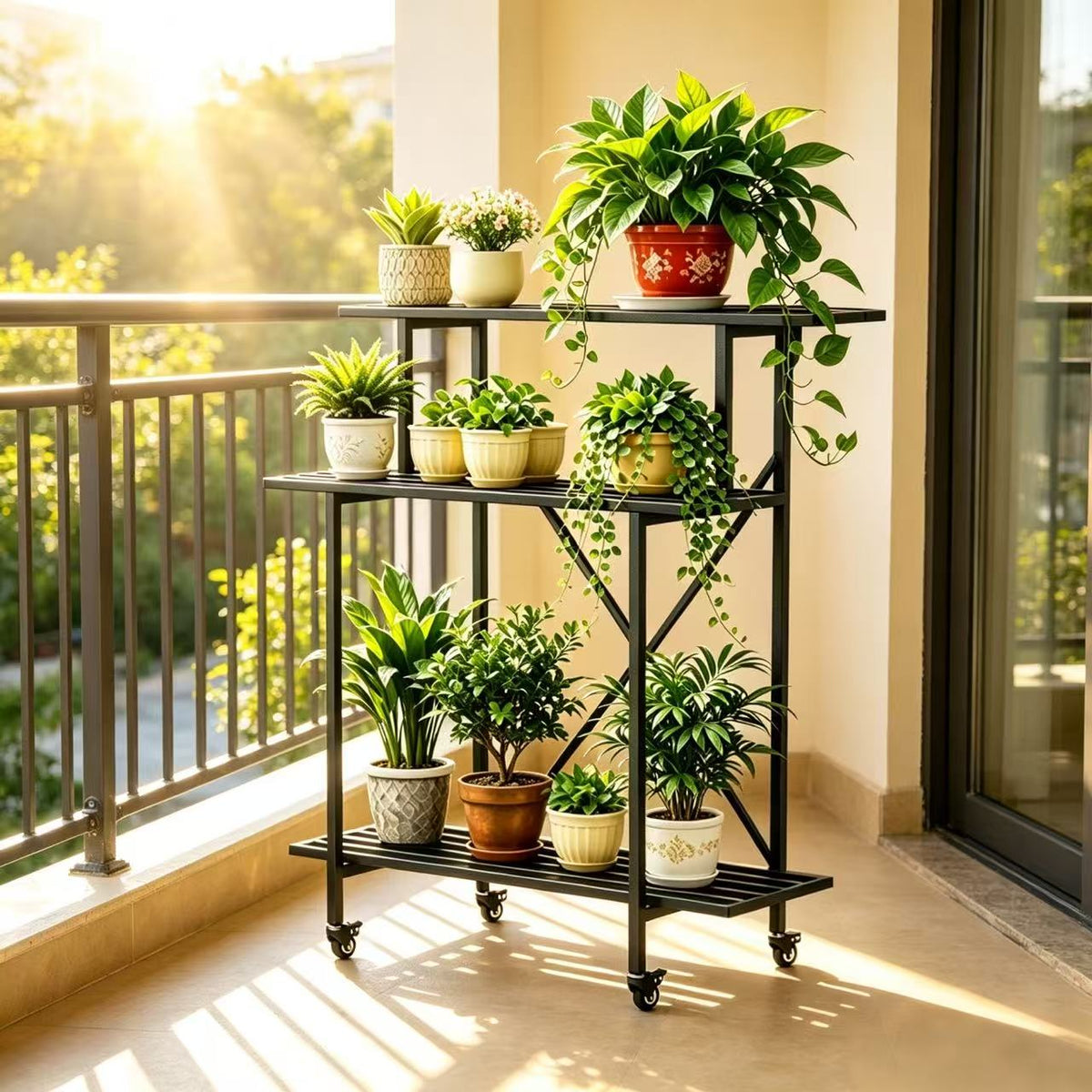 Zhongma 3-Tier Tall Narrow Metal Plant Stand with Wheels, 35.4" Indoor & Outdoor