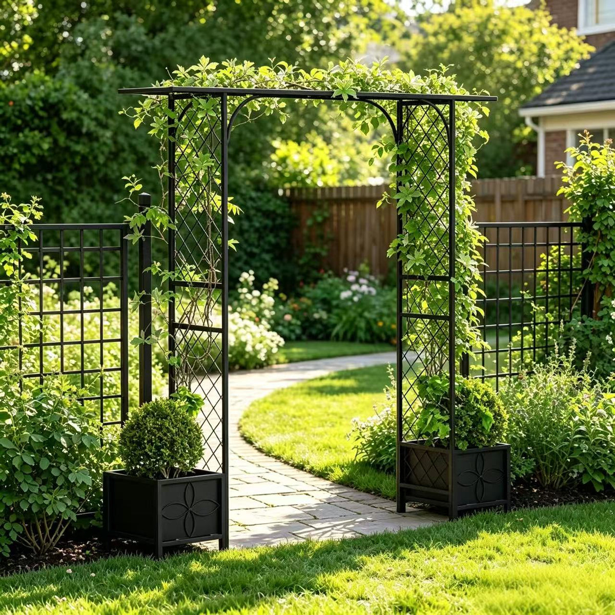 Metal Garden Arbor with 2 Planters,90.5-Inch Wide,83.5-Inch Tall - Zhongma
