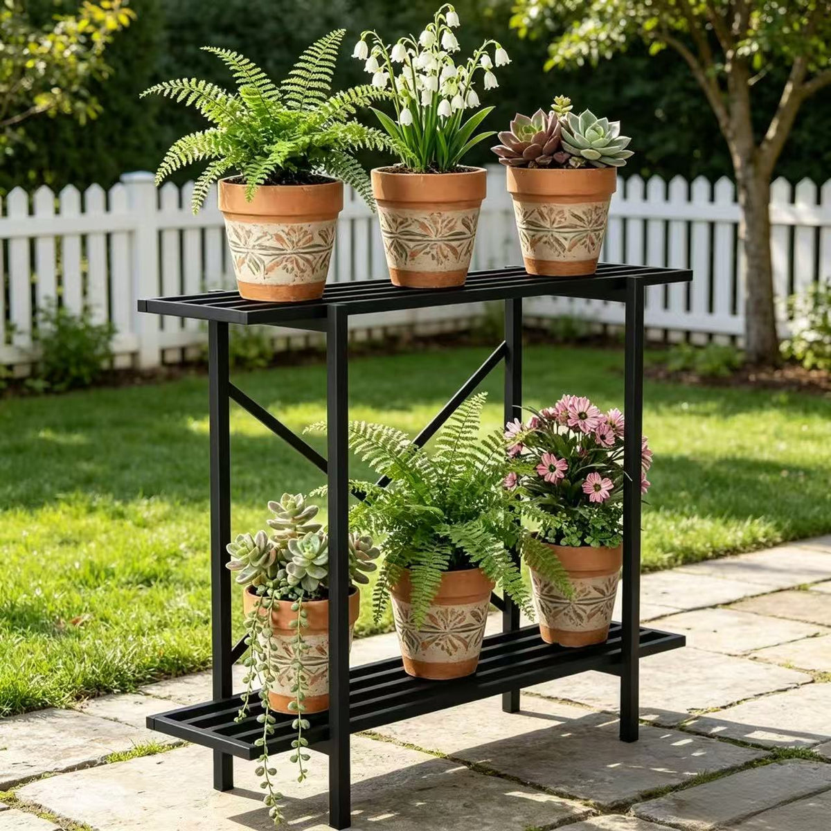 Zhongma 2-Tier Window Height Metal Plant Stand, 35.4" Narrow Indoor & Outdoor