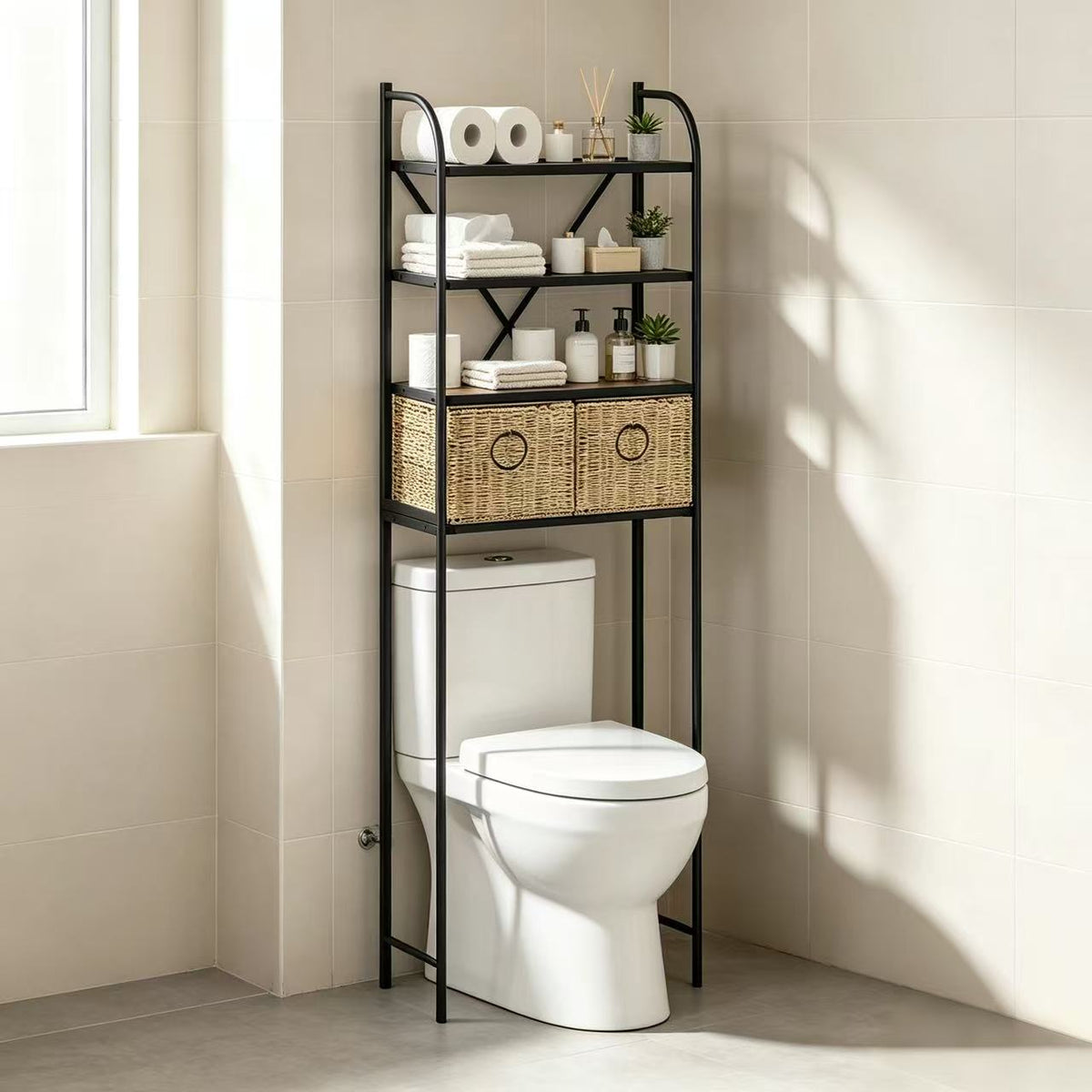 Over-the-Toilet Storage Rack,4-Tier,24-Inch Wide, Baskets & Slate Shelf - Zhongma