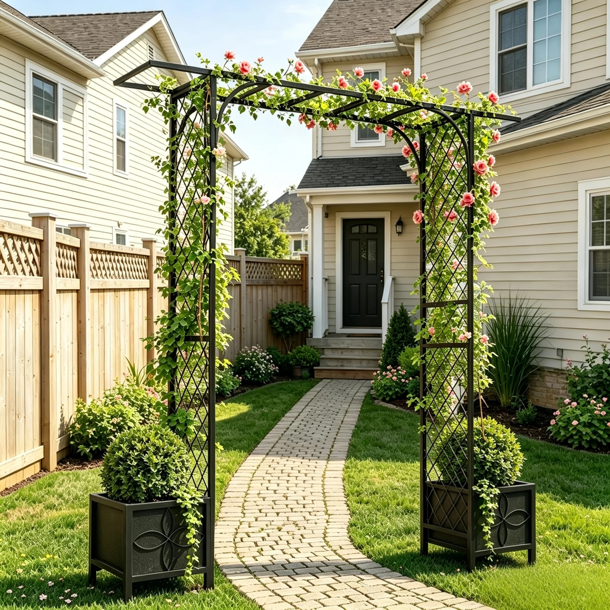 Metal Garden Arbor with 2 Planters,90.5-Inch Wide,83.5-Inch Tall