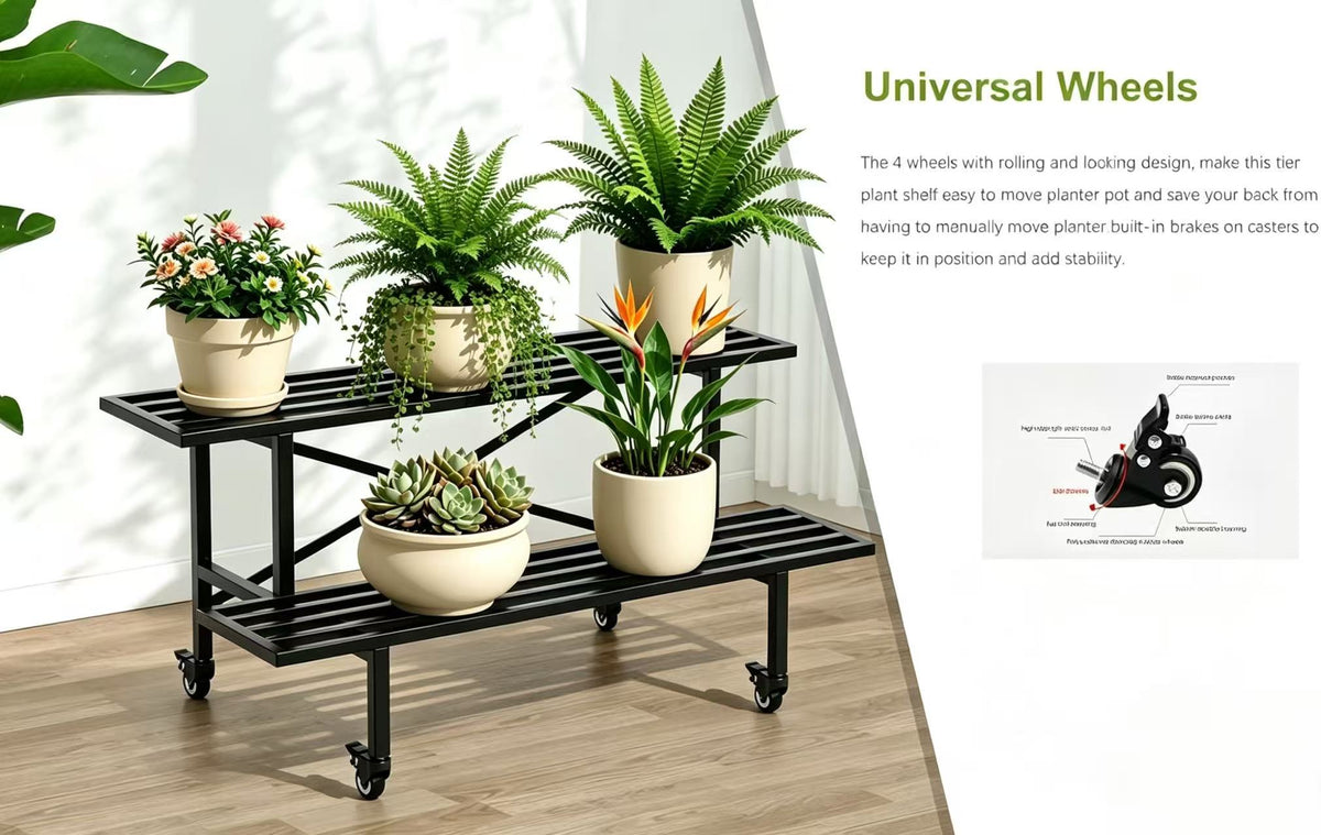Zhongma 2-Tier Metal Plant Stand with Wheels, 35.4" Indoor & Outdoor Shelf
