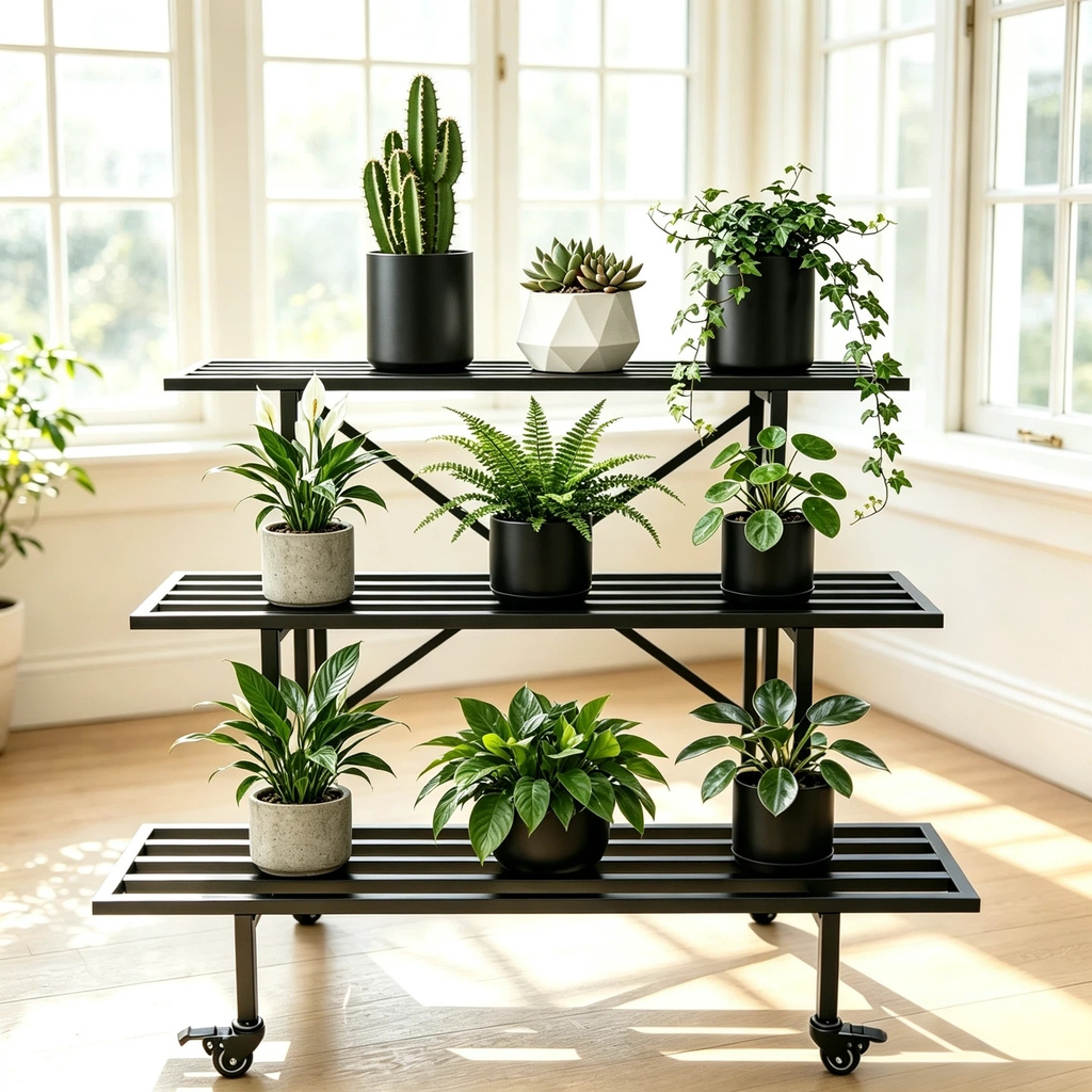 3-Tier Metal Plant Stand with Wheels, 35.4-Inch Long, Indoor & Covered Outdoor - Zhongma