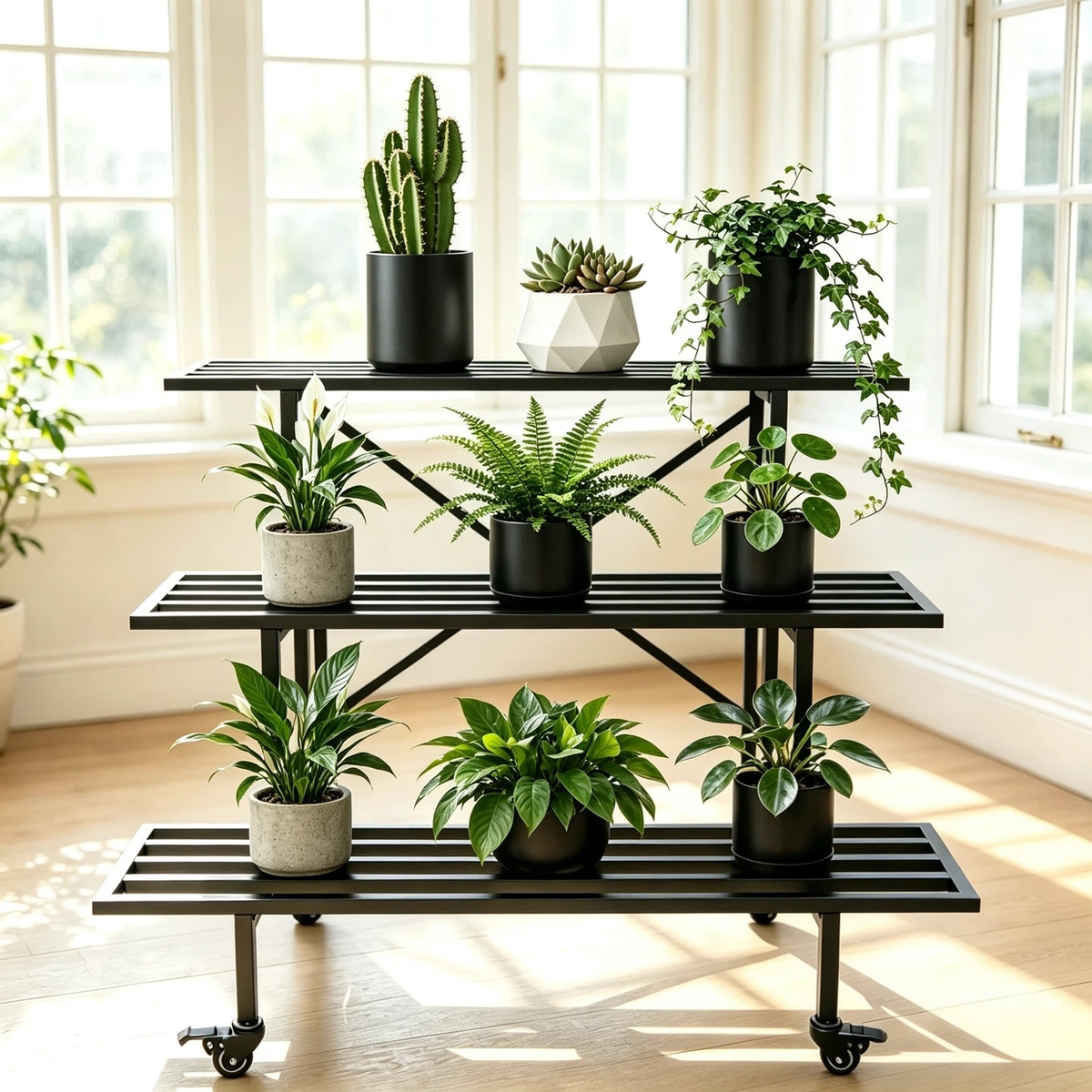 3-Tier Metal Plant Stand with Wheels, 35.4-Inch Long, Indoor & Covered Outdoor - Zhongma