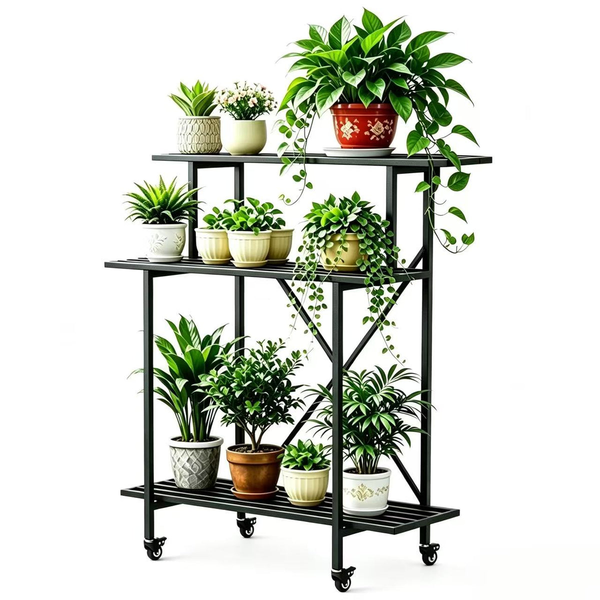 Zhongma 3-Tier Tall Narrow Metal Plant Stand with Wheels, 35.4" Indoor & Outdoor