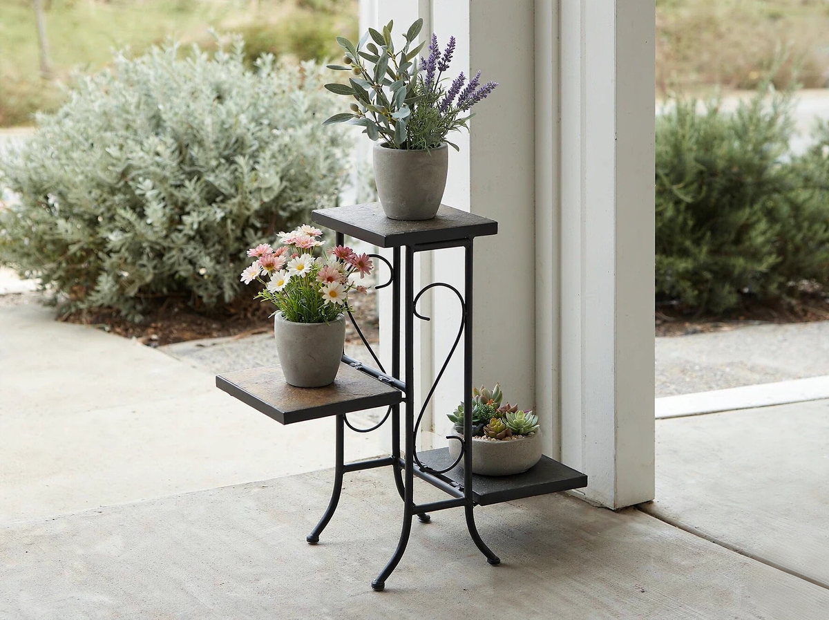 Zhongma 3-Tier Slate Top Plant Stand, 25.6" Fully Assembled Indoor & Outdoor