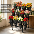 3-tier flower display stand with 12 buckets on locking casters in a flower shop
Twelve drop-in bucket rings on the three tiers of the flower display stand
Florist bucket stand loaded with bouquets at a farmer's market
Bucket ring holding a standard 8 inch florist bucket on the display stand
Locking caster on the rolling flower display stand
Dimensions of the flower display stand: 35.43 inches long and 34.65 inches tall
