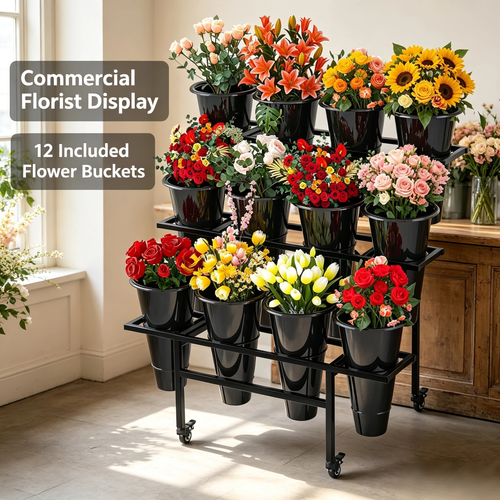 3-tier flower display stand with 12 buckets on locking casters in a flower shop
Twelve drop-in bucket rings on the three tiers of the flower display stand
Florist bucket stand loaded with bouquets at a farmer's market
Bucket ring holding a standard 8 inch florist bucket on the display stand
Locking caster on the rolling flower display stand
Dimensions of the flower display stand: 35.43 inches long and 34.65 inches tall