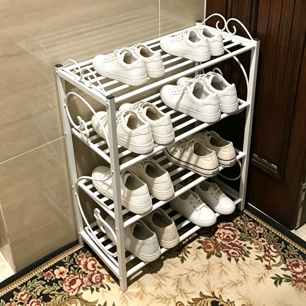 4-tier white metal shoe rack holding sneakers in an entryway beside a door
Solid iron S-scroll decoration on the side of the white shoe rack
Slatted shelves on the 4-tier white shoe organizer
Dimensions of the white metal shoe rack: 21.9 inches wide and 28.7 inches tall
Fully seam-welded white steel frame on the shoe rack
Floor-safe foot pad under the leg of the white shoe rack