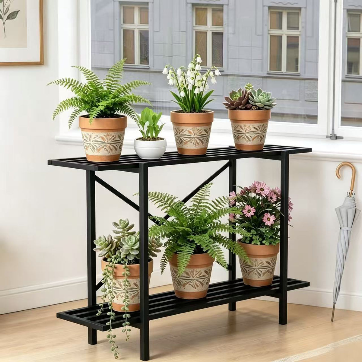 Zhongma 2-Tier Window Height Metal Plant Stand, 45.7" Narrow Indoor & Outdoor